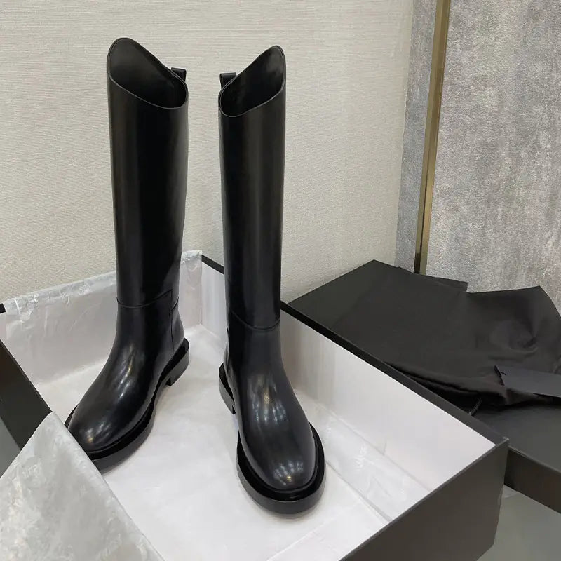 Thick-Heeled Solid Color Cowhide Fashion Boots for Women