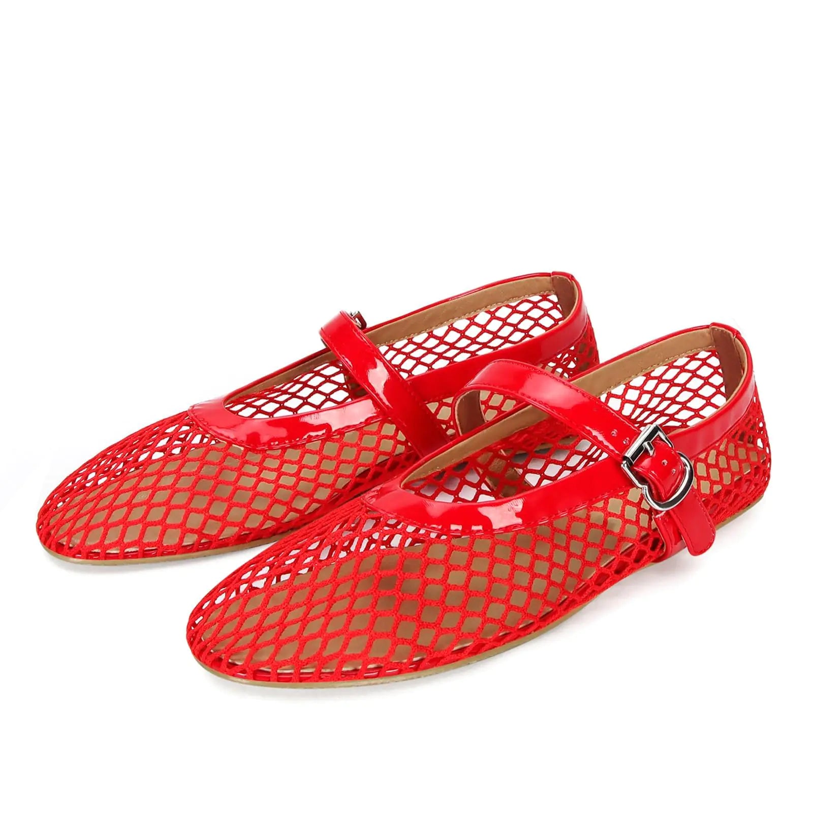 Red mesh shoes with a buckle on a white background