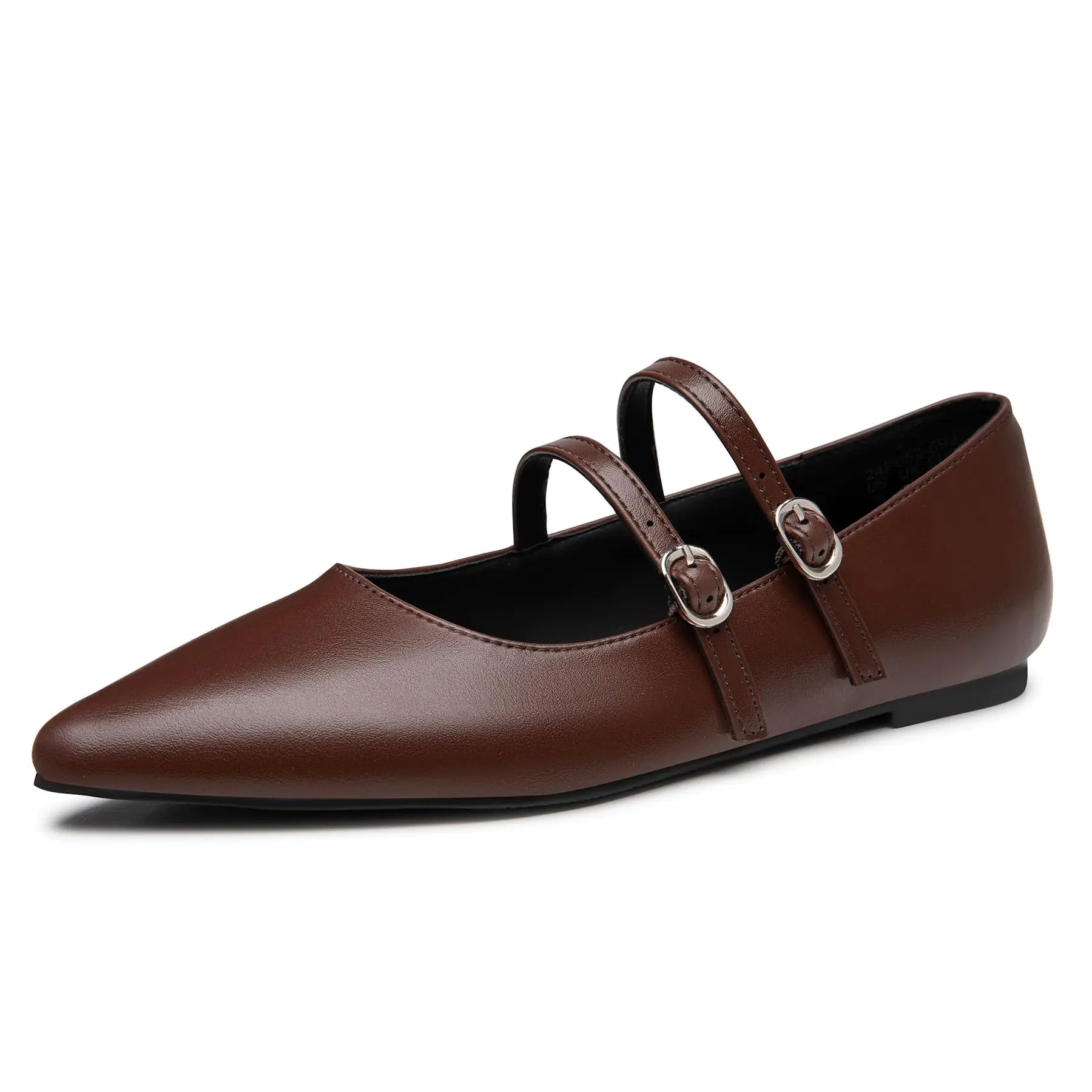 Brown flat shoe with strap and buckle on a white background