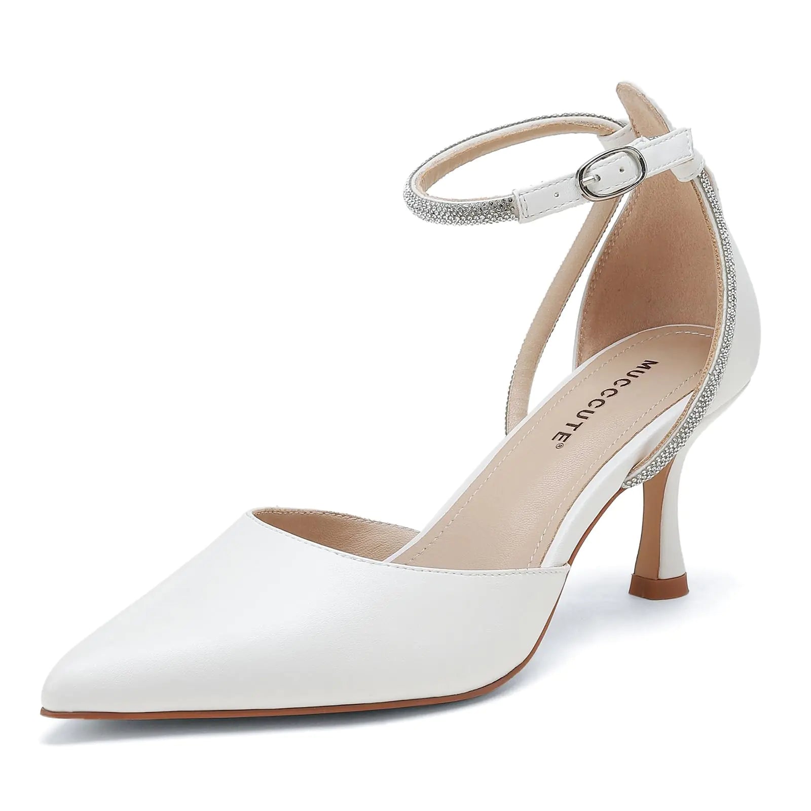 White high-heeled shoe with an ankle strap on a white background