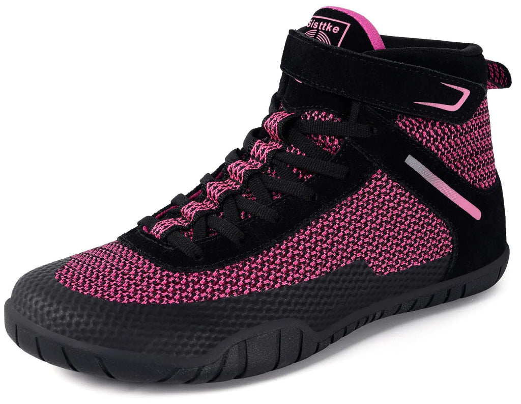Black and pink high-top sneaker on a white background
