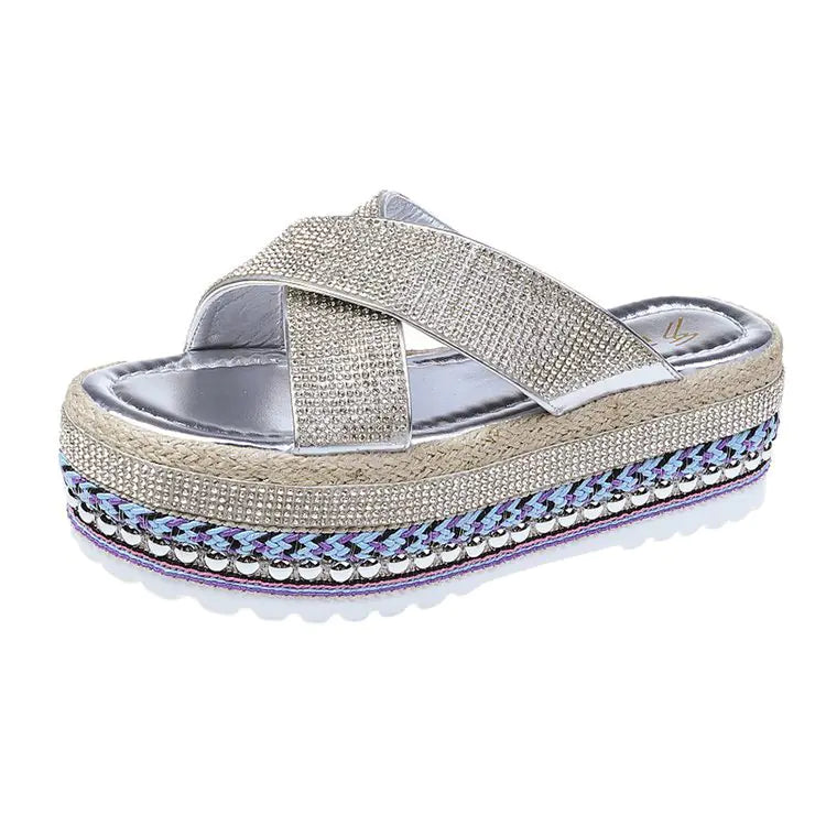 Rhinestone Waterproof Platform Toe Women's Slippers