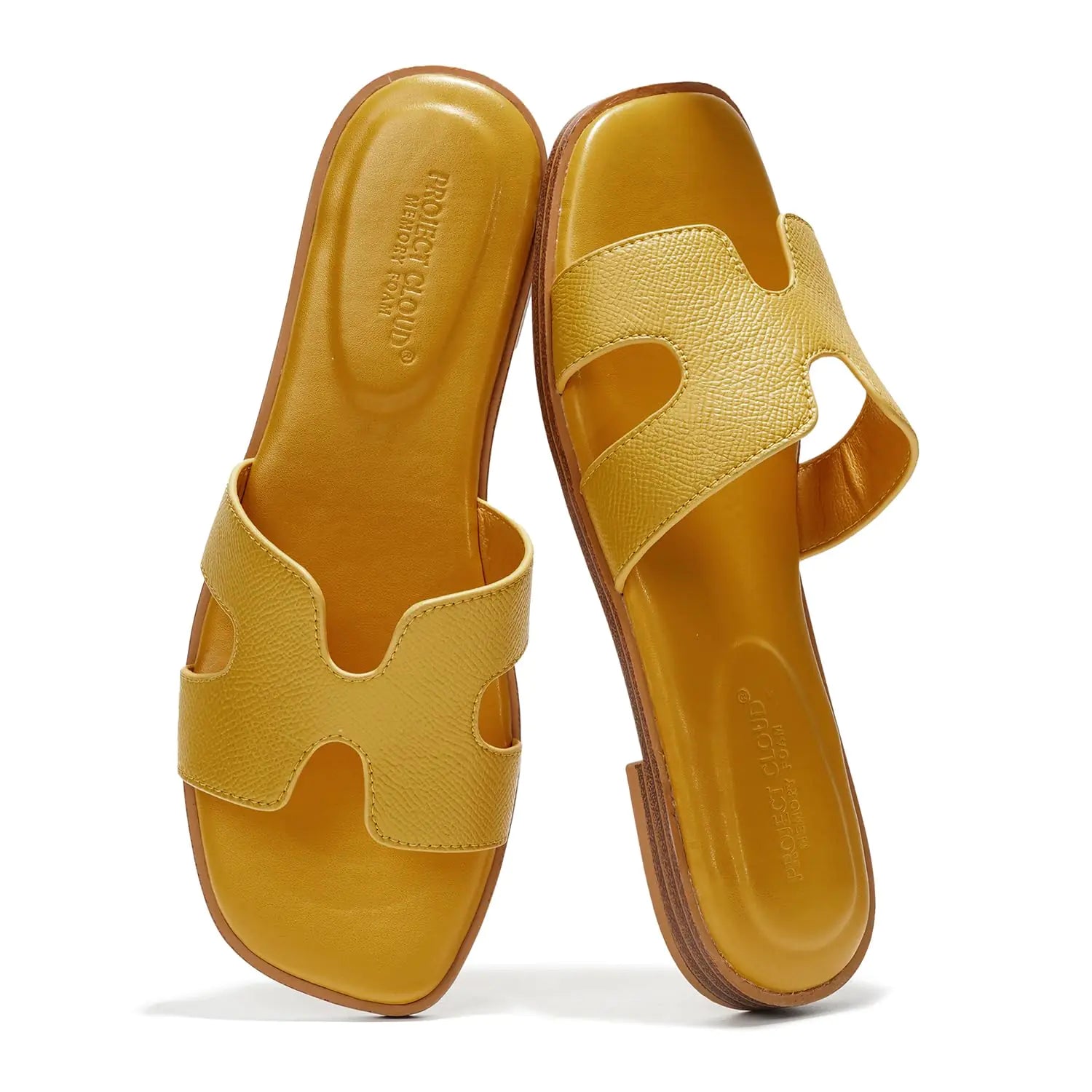 Project Cloud Fashion Flat Summer Sandals for Women 2024 - Leather Womens Sandals Comfortable Memory Foam Slides for Women Footwear - Mules Womens Sandals - Walking Sandals Women (Jannel Yel 6)