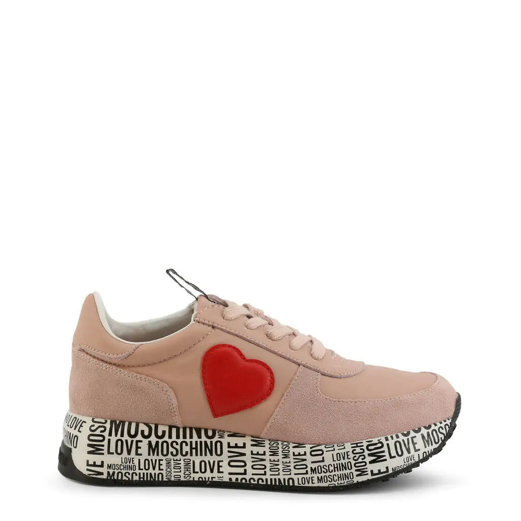 Beige sneaker with a red heart and 'Love Moschino' branding on a white background