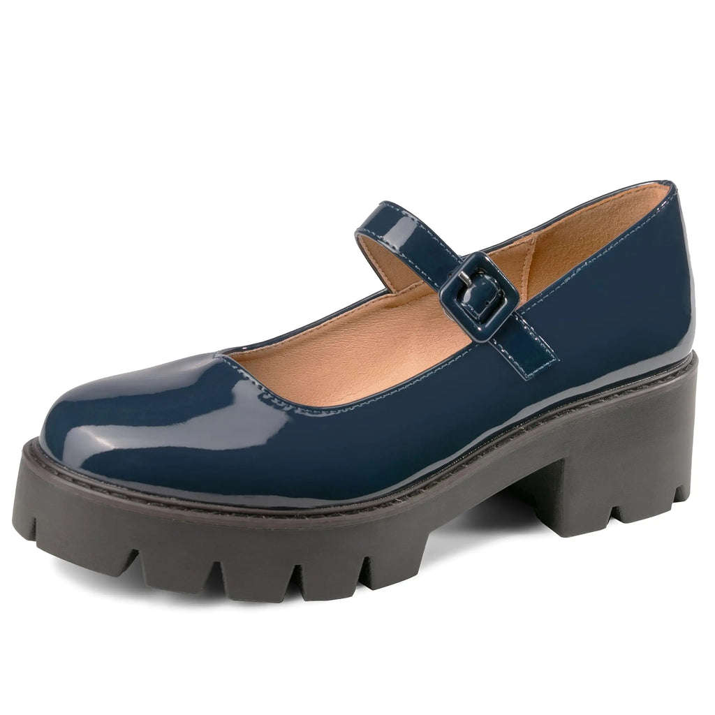 Womens Round Toe Ankle Strap Mary Janes Platform Low Heel Chunky Pumps Oxford Dress Shoes Navy
