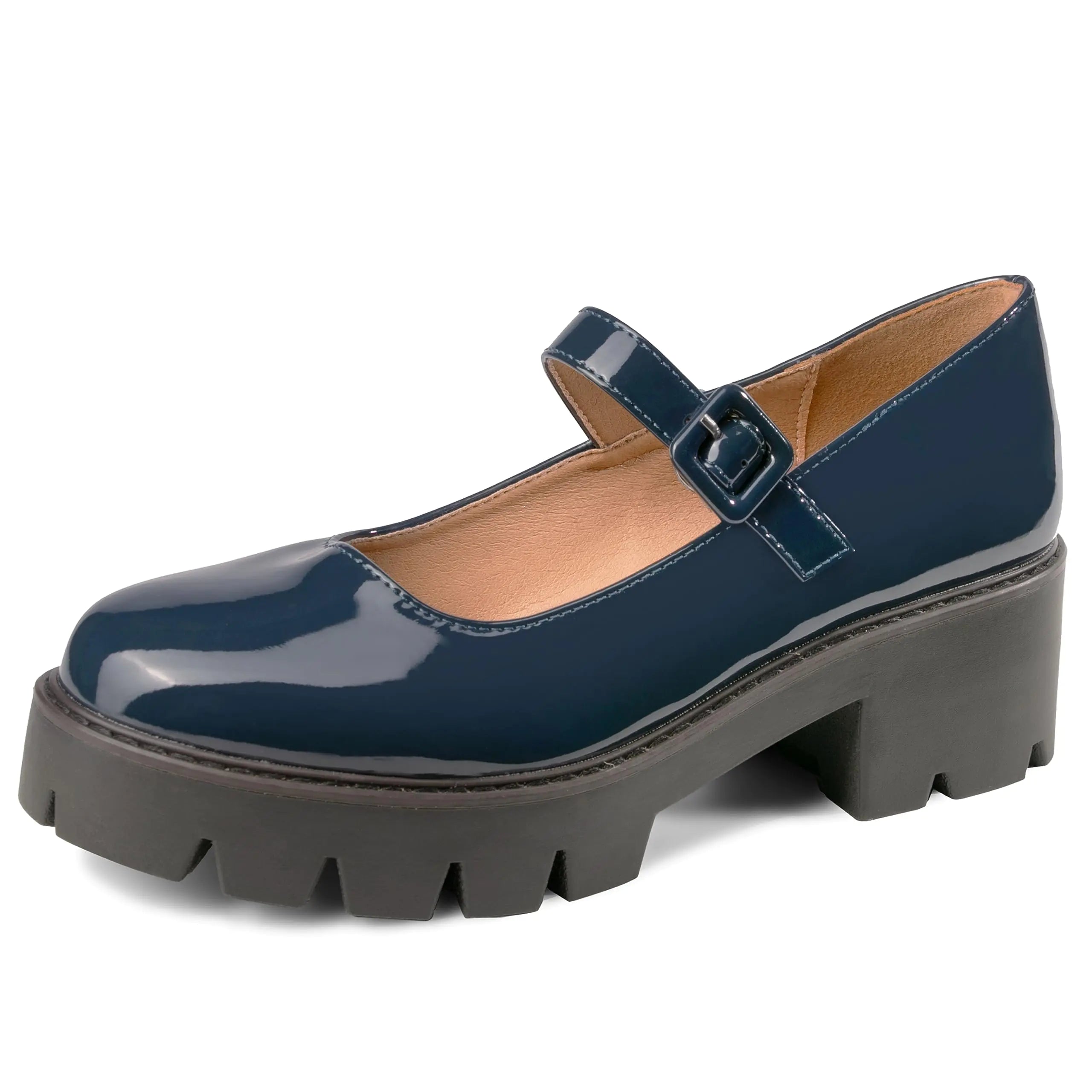Womens Round Toe Ankle Strap Mary Janes Platform Low Heel Chunky Pumps Oxford Dress Shoes Navy