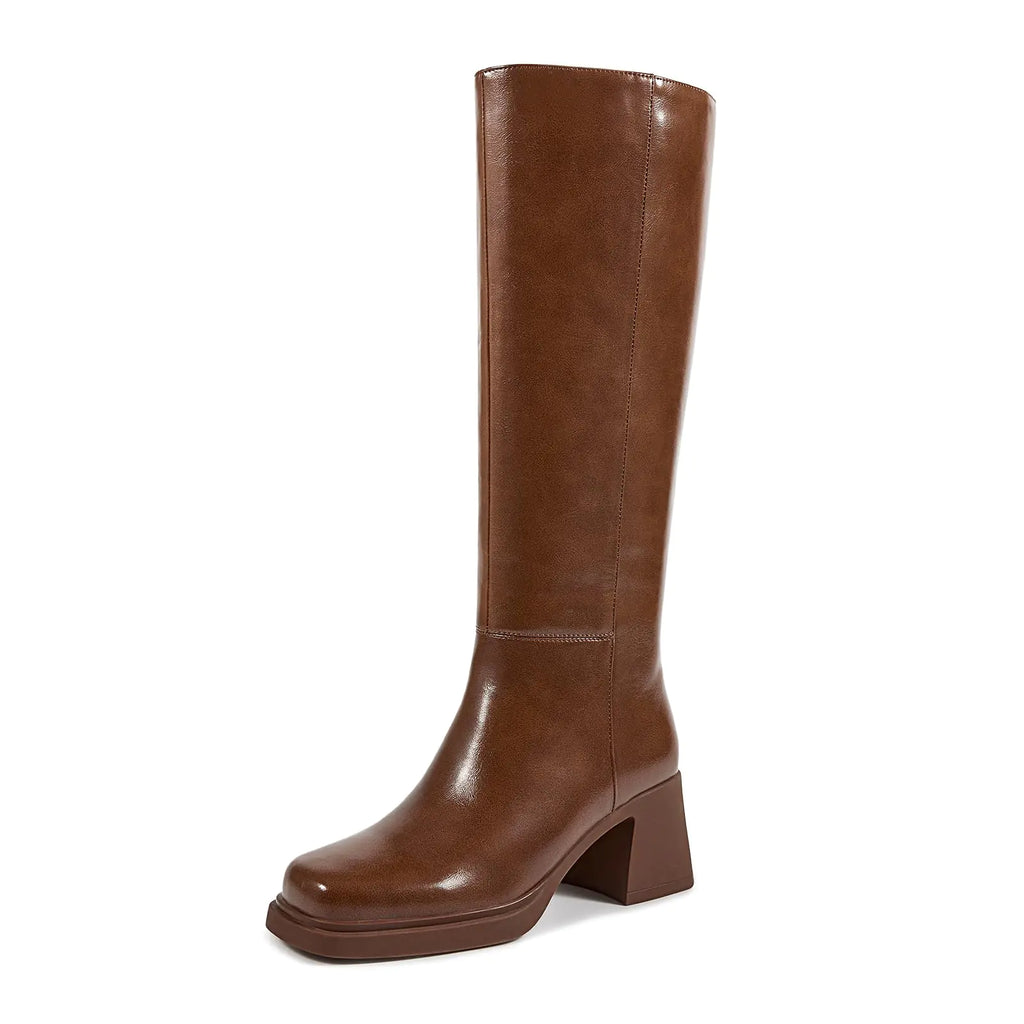 Brown knee-high boot on a white background