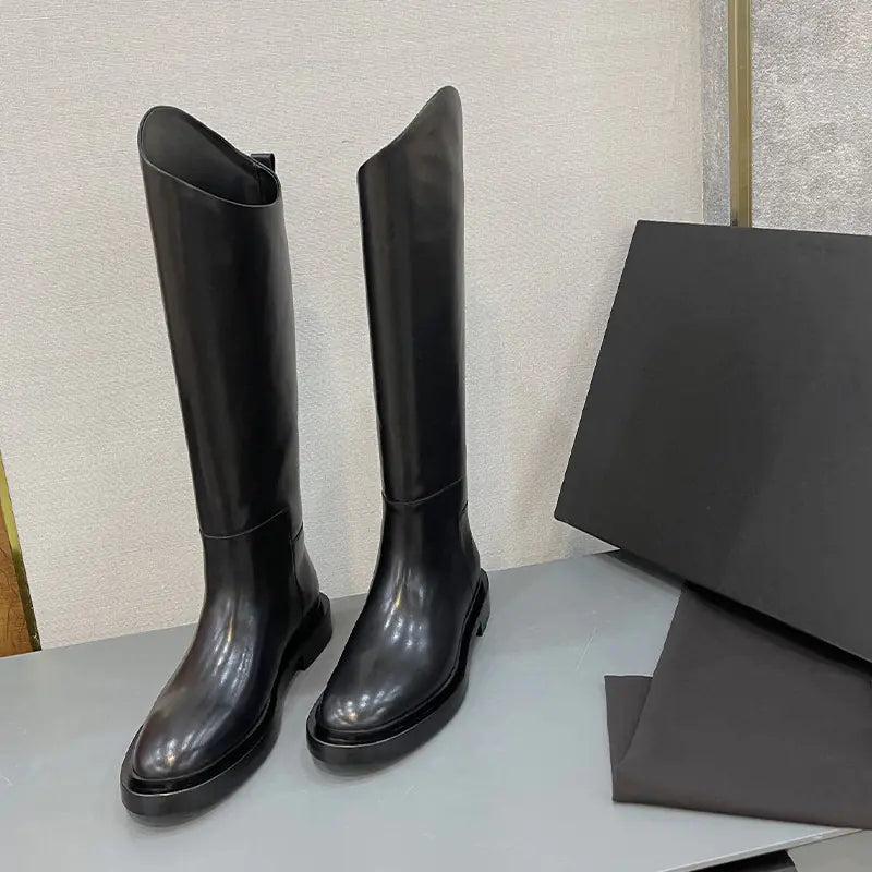 Thick-Heeled Solid Color Cowhide Fashion Boots for Women