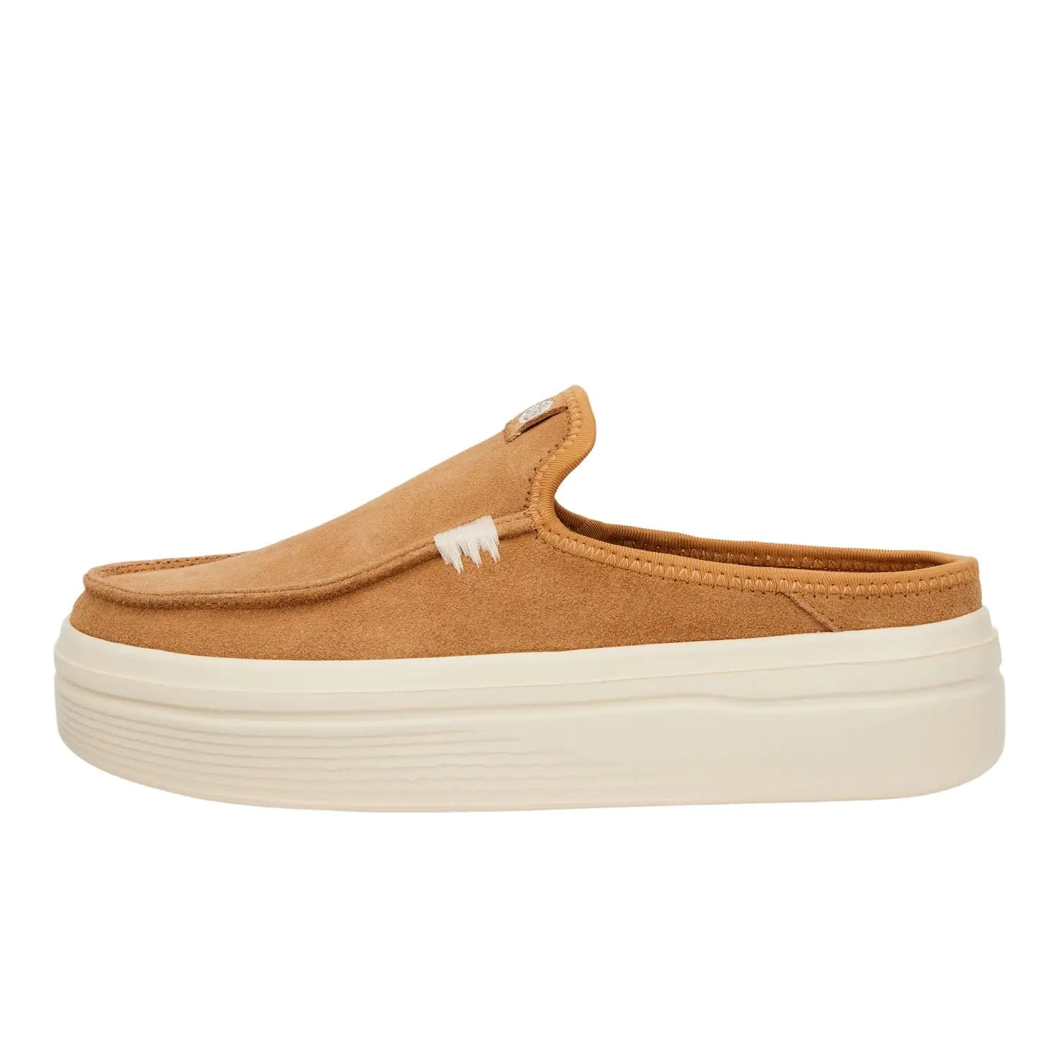Brown slip-on shoe with white sole on a white background