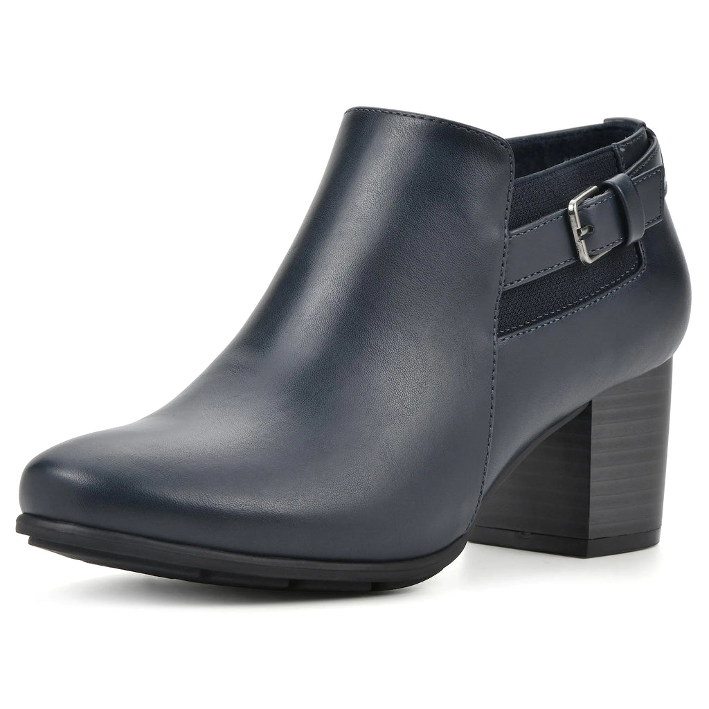 Navy blue ankle boot with a block heel on a white background