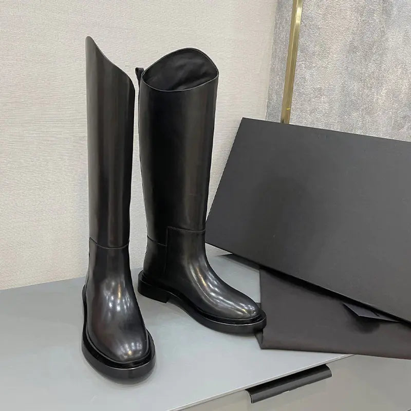 Thick-Heeled Solid Color Cowhide Fashion Boots for Women