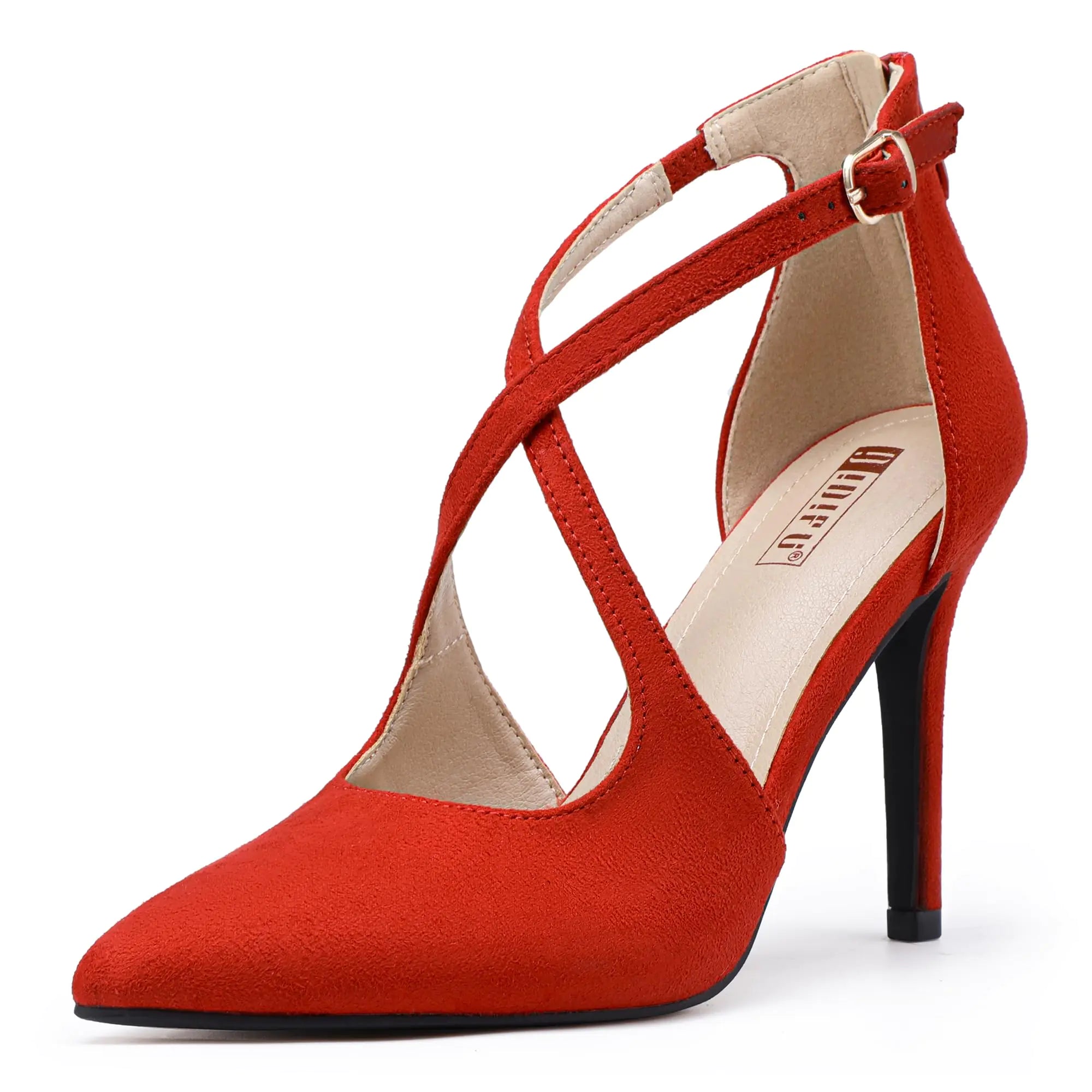 Red high-heeled shoe with criss-cross straps on a white background