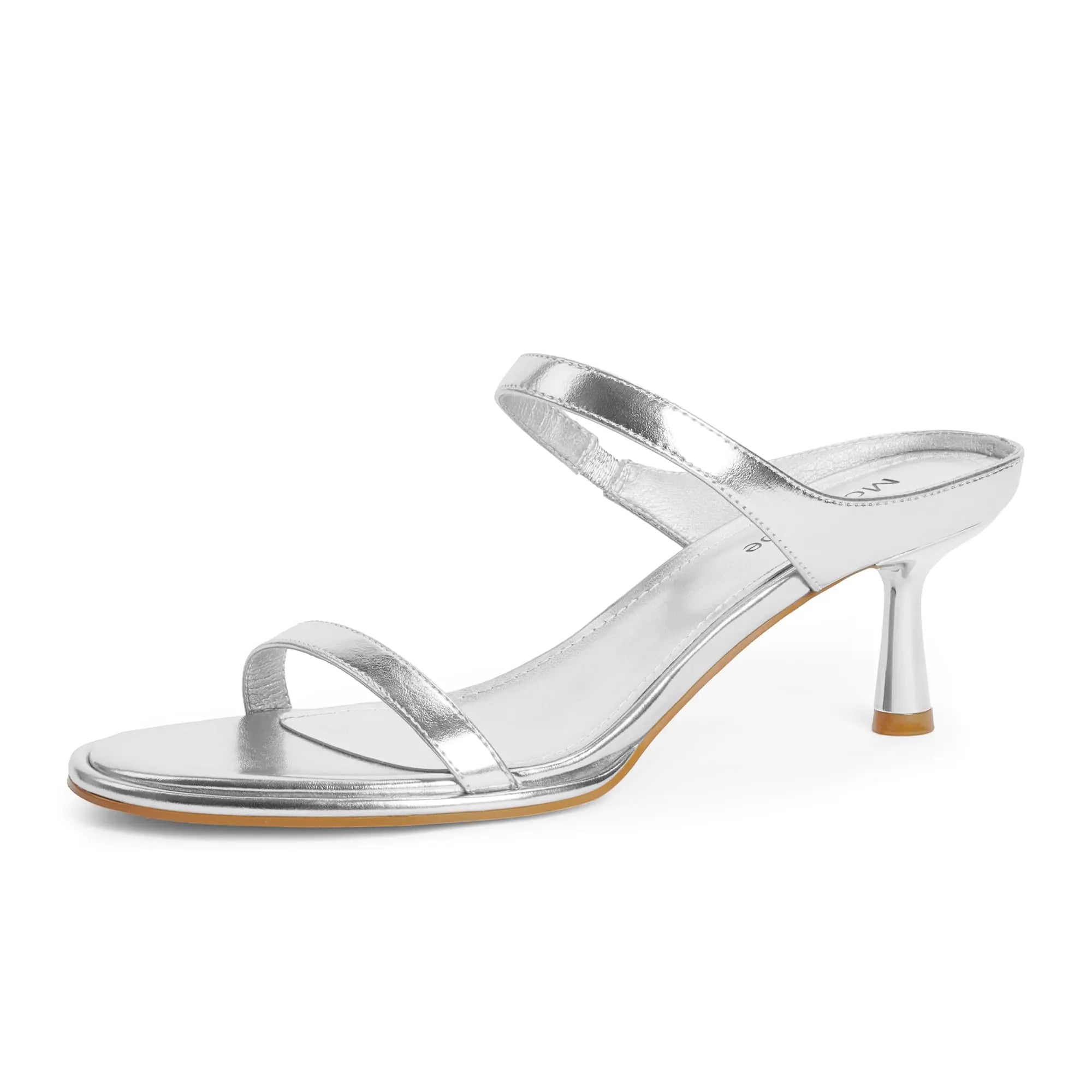 Silver high-heeled sandal on a white background