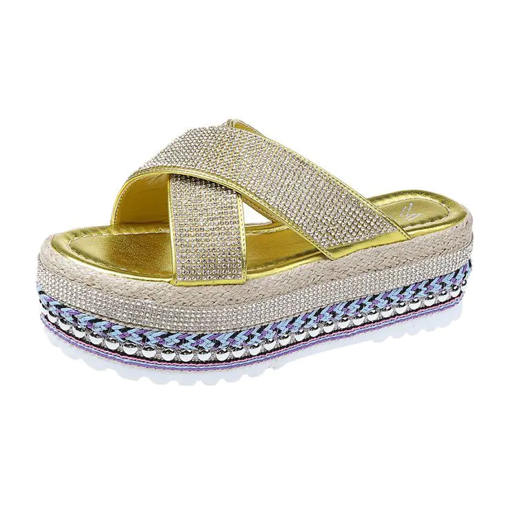 Rhinestone Waterproof Platform Toe Women's Slippers