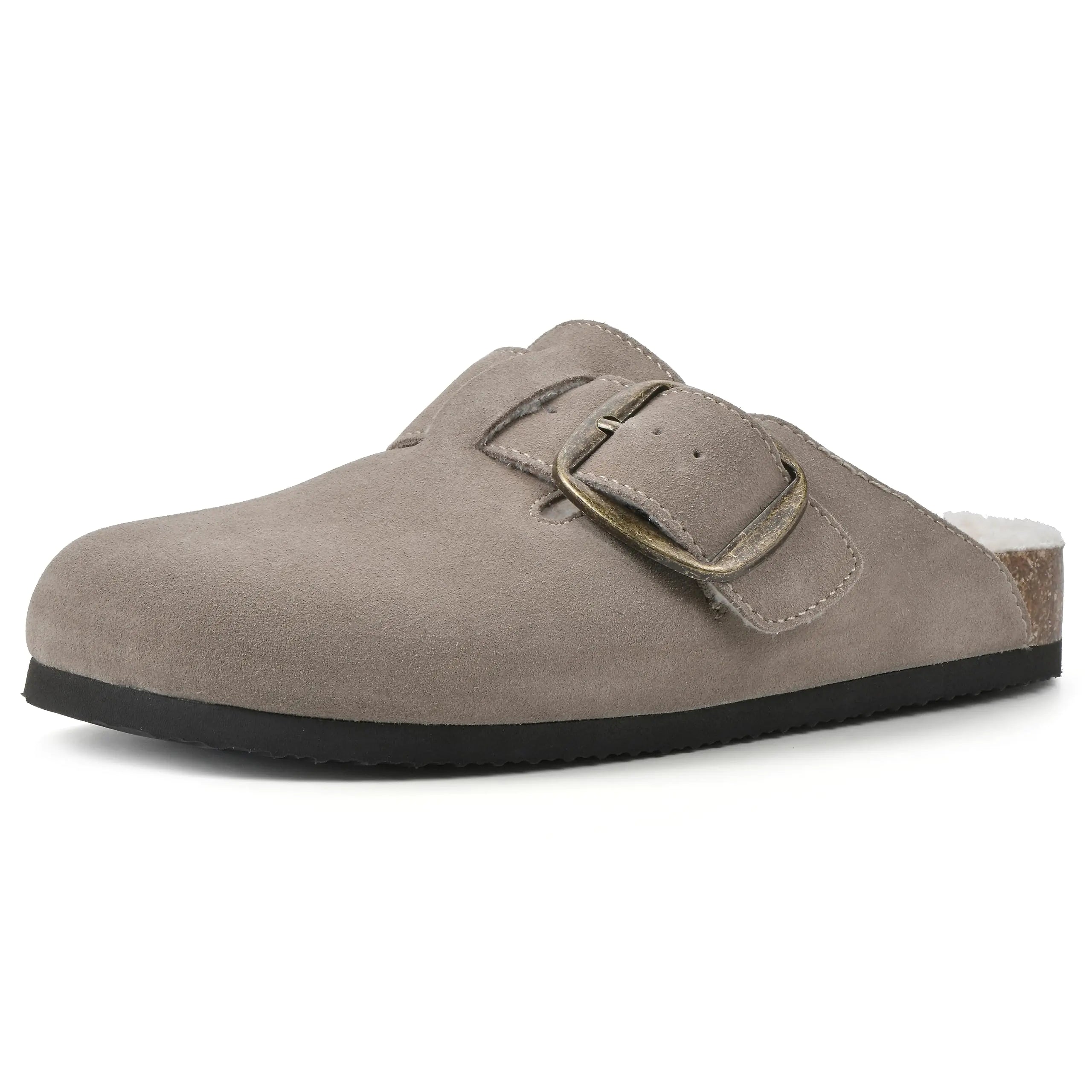 Gray suede clog shoe with a buckle on a white background